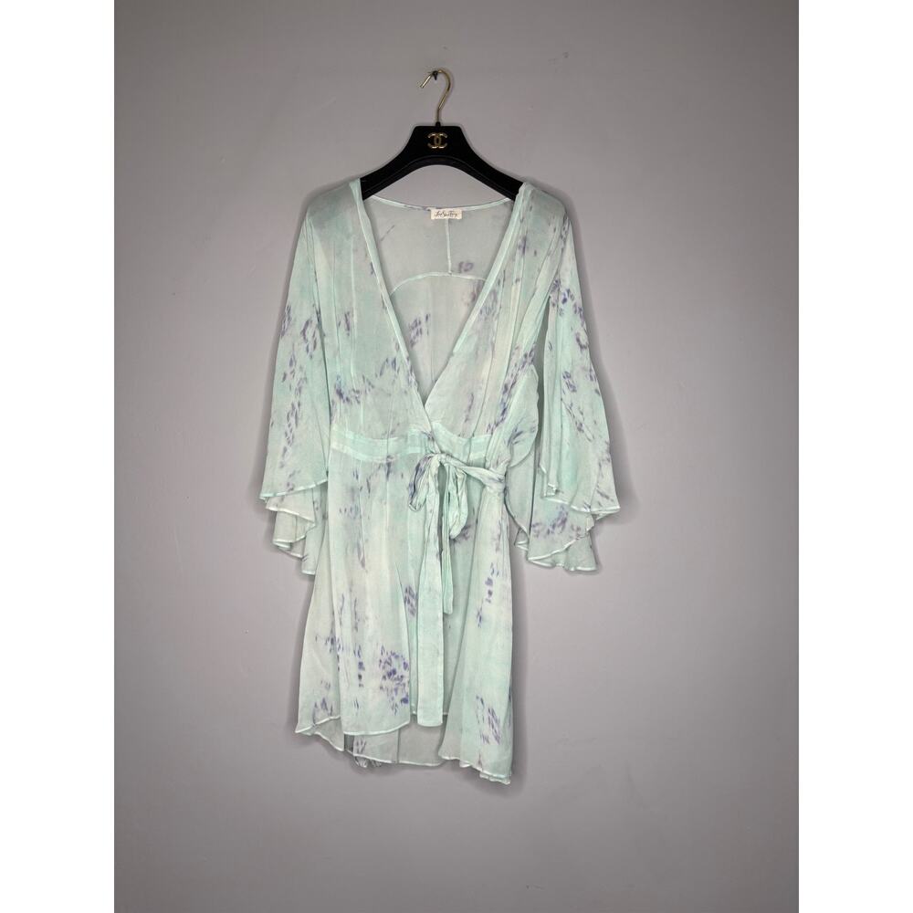 Love Shack Fancy Women's Size 2 Blue Sheer Kimono Style Belted Mini Dress Robe
